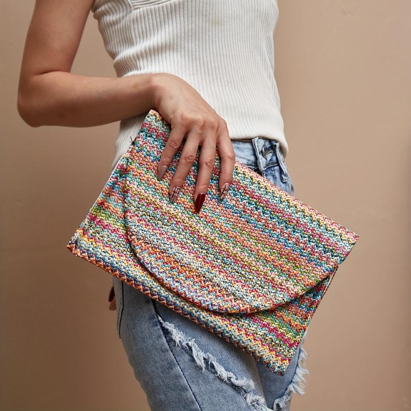 Summer Rainbow Straw Clutch Boho Style Woven Handbag Envelope Bag Purses