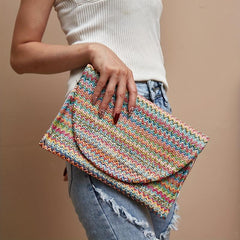 Summer Rainbow Straw Clutch Boho Style Woven Handbag Envelope Bag Purses