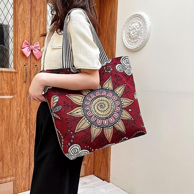 Vintage Ethnic Pattern Tote Bag Canvas Shoulder Bag Women's All Match Bag