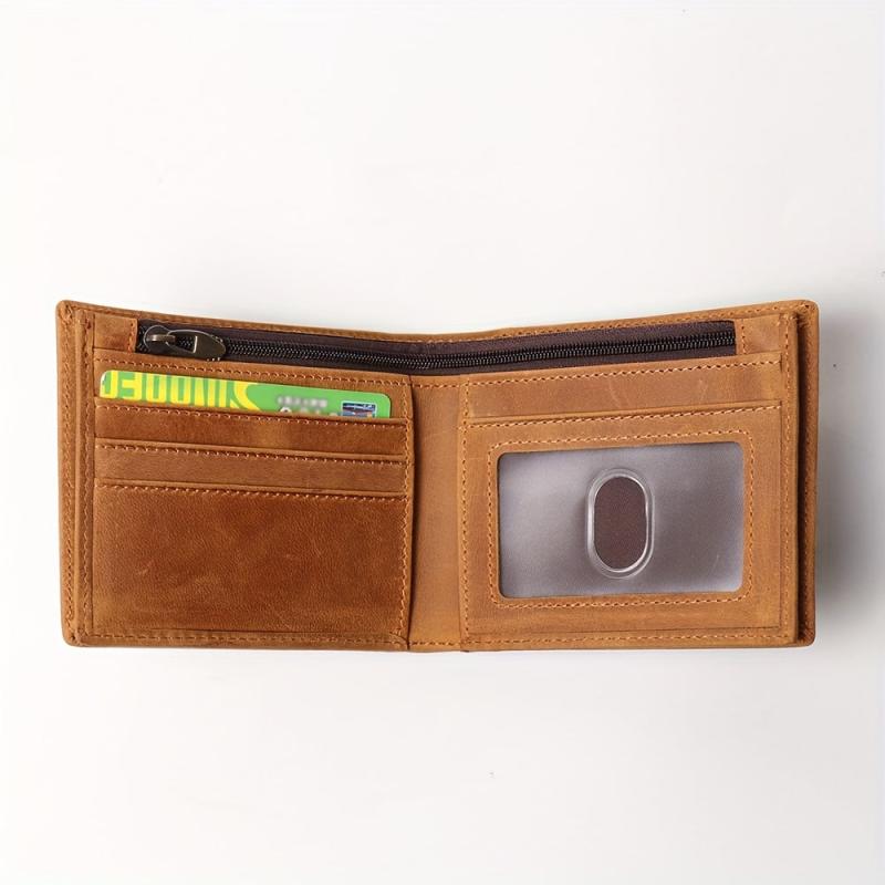 Men's Leather Short Wallet Crazy Horse Leather Money Clip Card Holder