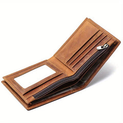 Men's Leather Short Wallet Crazy Horse Leather Money Clip Card Holder