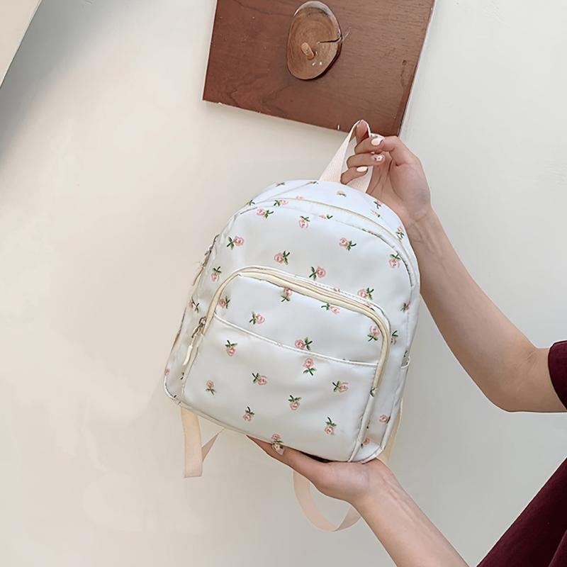 Flower Pattern Zipper Backpack Small Nylon Hand Bookbag