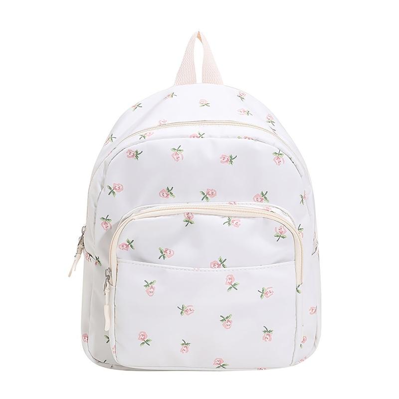 Flower Pattern Zipper Backpack Small Nylon Hand Bookbag