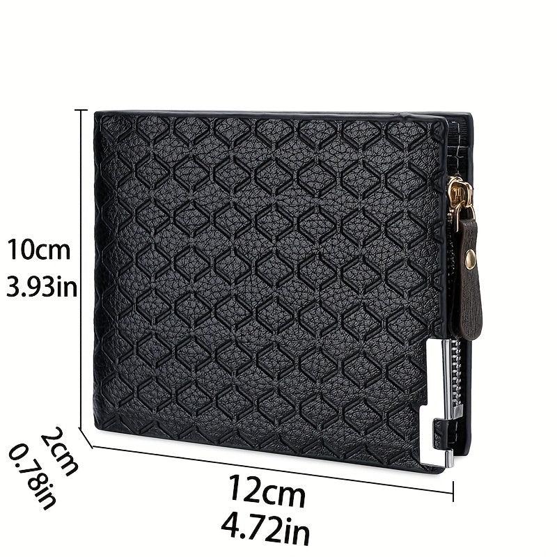 Men's Leather Short Wallet Money Clip Argyle Pattern Horizontal Wallet