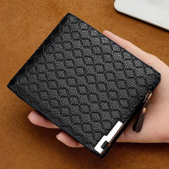 Men's Leather Short Wallet Money Clip Argyle Pattern Horizontal Wallet