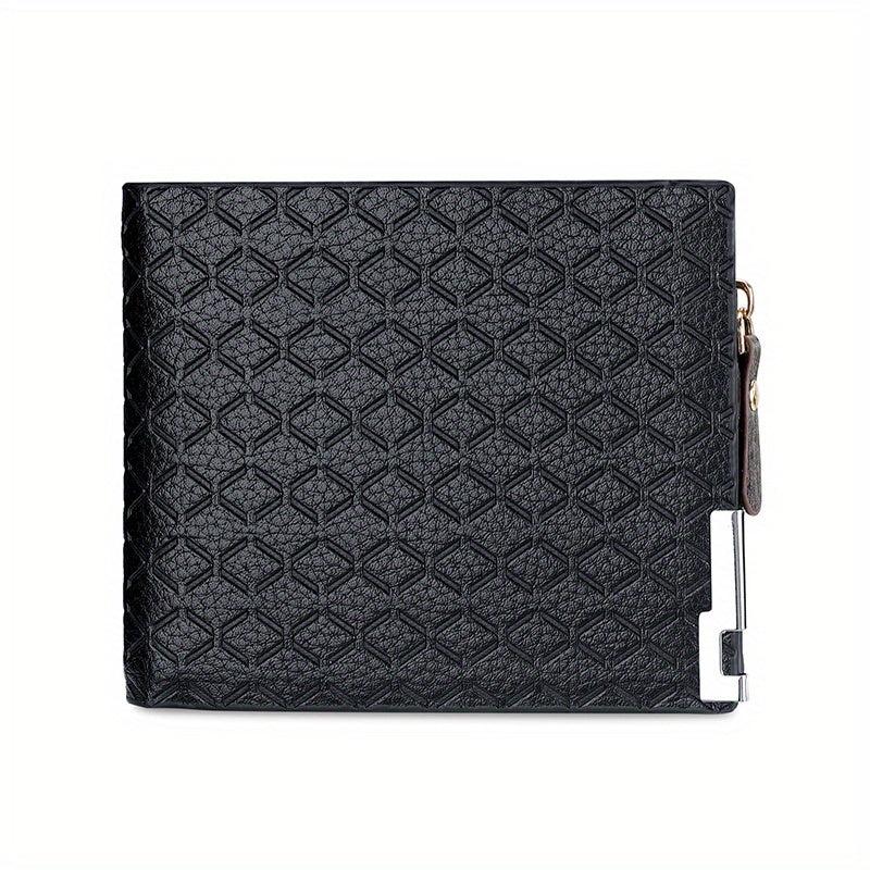 Men's Leather Short Wallet Money Clip Argyle Pattern Horizontal Wallet