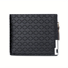 Men's Leather Short Wallet Money Clip Argyle Pattern Horizontal Wallet