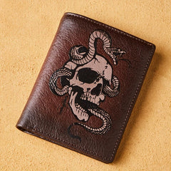 Men's Skull Pattern Wallet Top Layer Cowhide Leather Punk Wallet