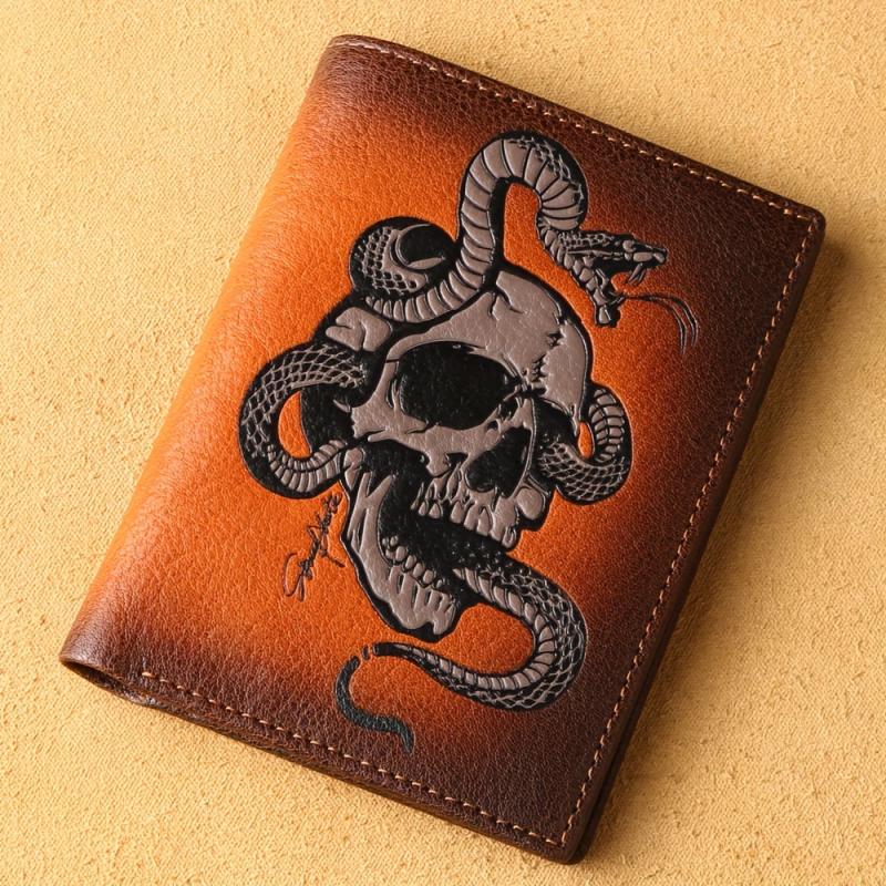 Men's Skull Pattern Wallet Top Layer Cowhide Leather Punk Wallet