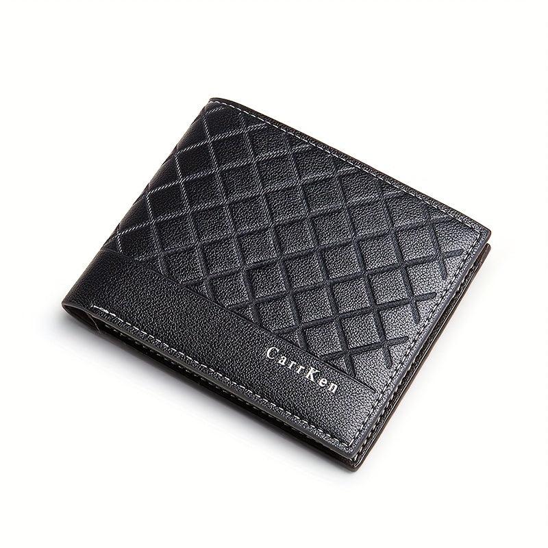 Men's Leather Short Wallet Money Clip Argyle Pattern Card Holder