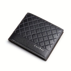 Men's Leather Short Wallet Money Clip Argyle Pattern Card Holder