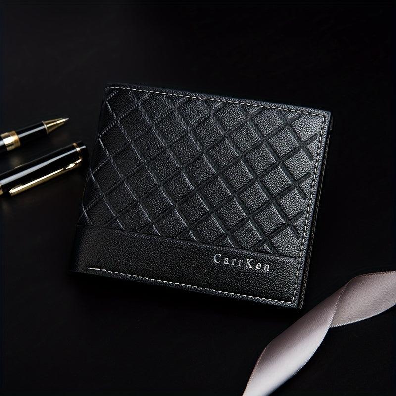 Men's Leather Short Wallet Money Clip Argyle Pattern Card Holder
