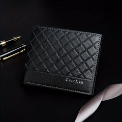 Men's Leather Short Wallet Money Clip Argyle Pattern Card Holder