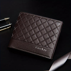 Men's Leather Short Wallet Money Clip Argyle Pattern Card Holder