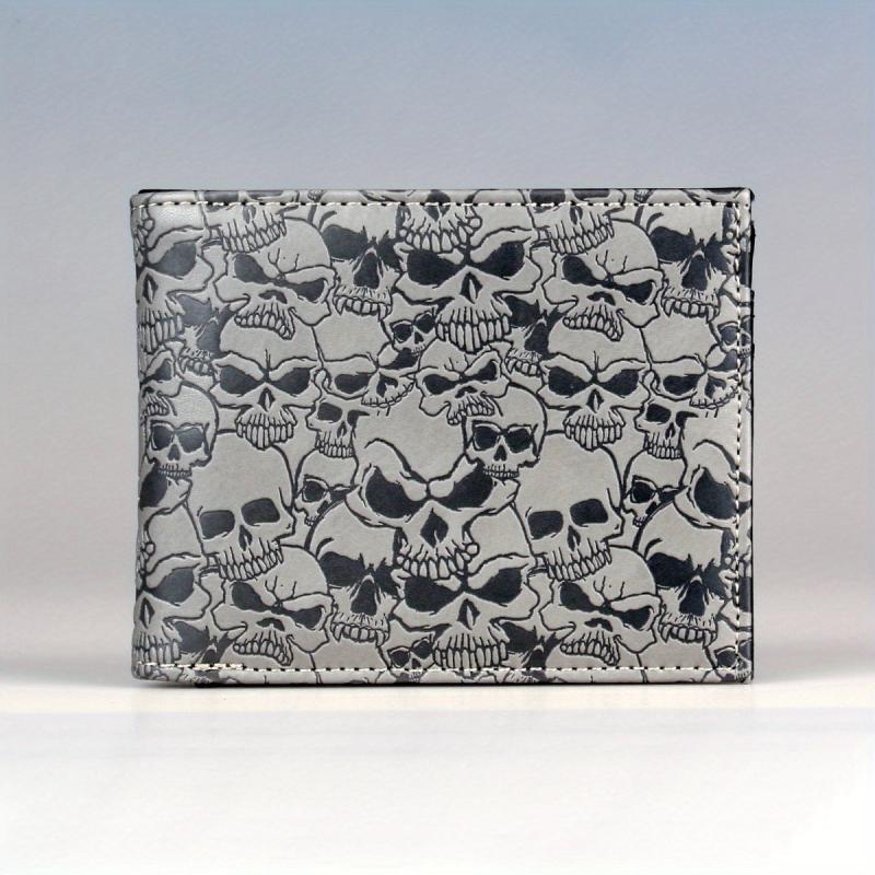 Men's Grey Skull Embossed Bifold Wallet Cross Card Holder