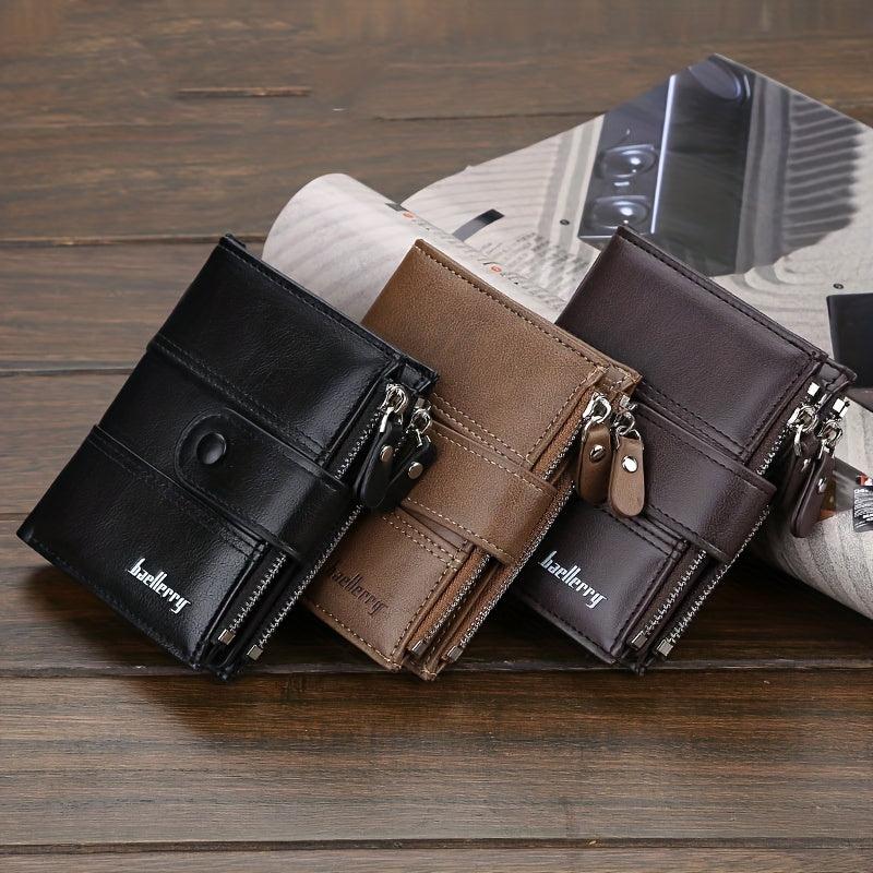 Men's Leather Short Wallet Money Clip Double Zipper Wallet Coin Purse