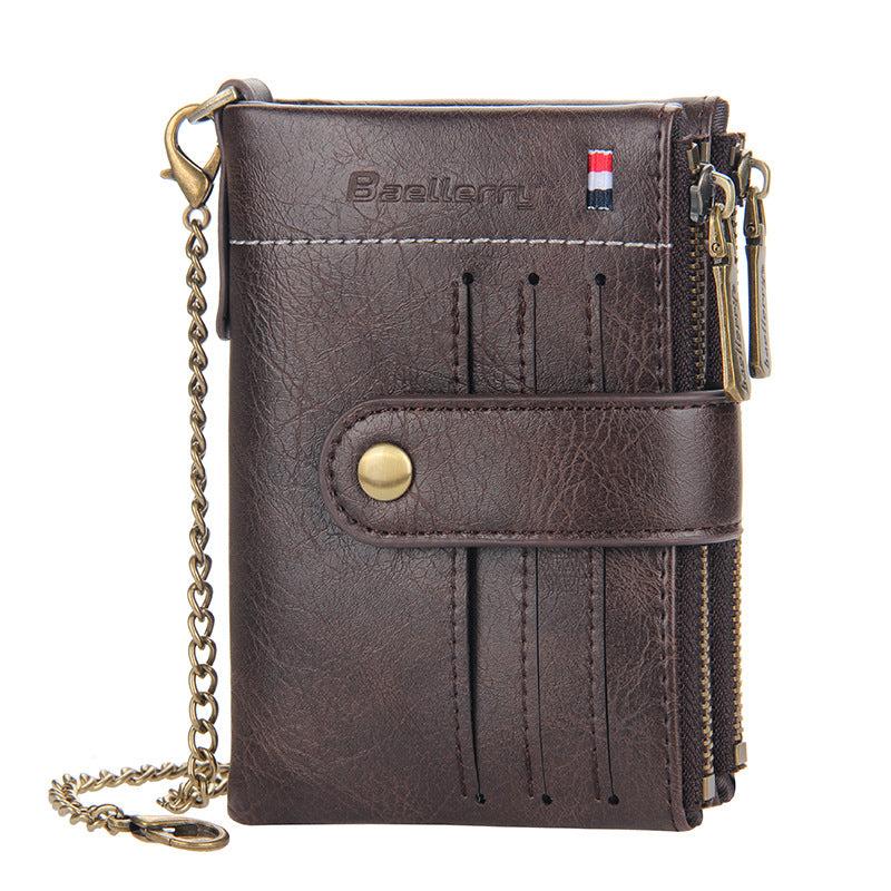Men's Leather Wallet Short Wallet with Anti Theft Chain