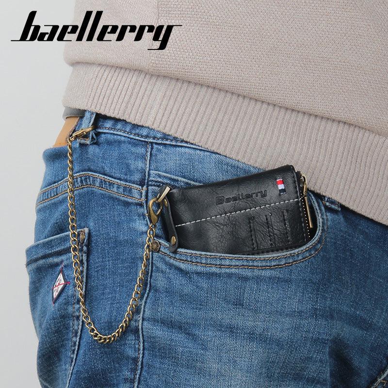 Men's Leather Wallet Short Wallet with Anti Theft Chain