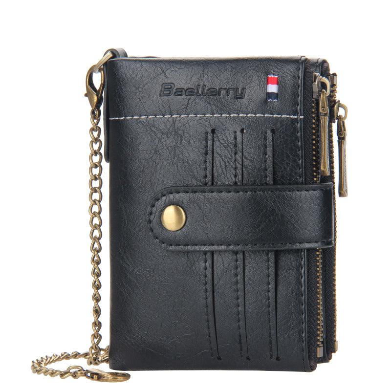 Men's Leather Wallet Short Wallet with Anti Theft Chain