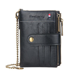Men's Leather Wallet Short Wallet with Anti Theft Chain