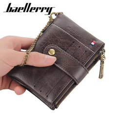 Men's Leather Wallet Short Wallet with Anti Theft Chain