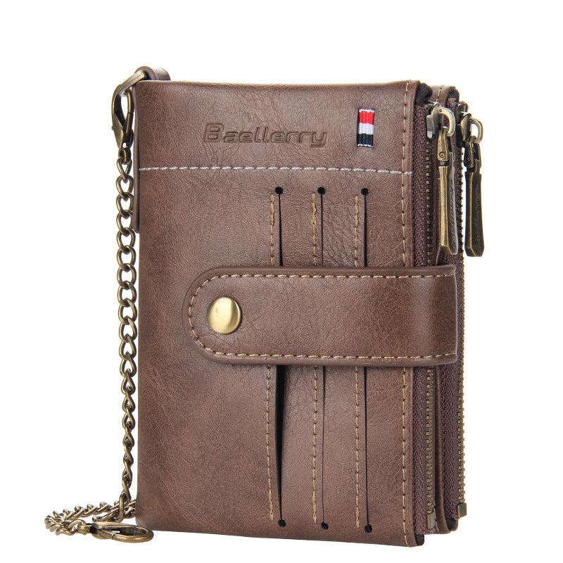 Men's Leather Wallet Short Wallet with Anti Theft Chain