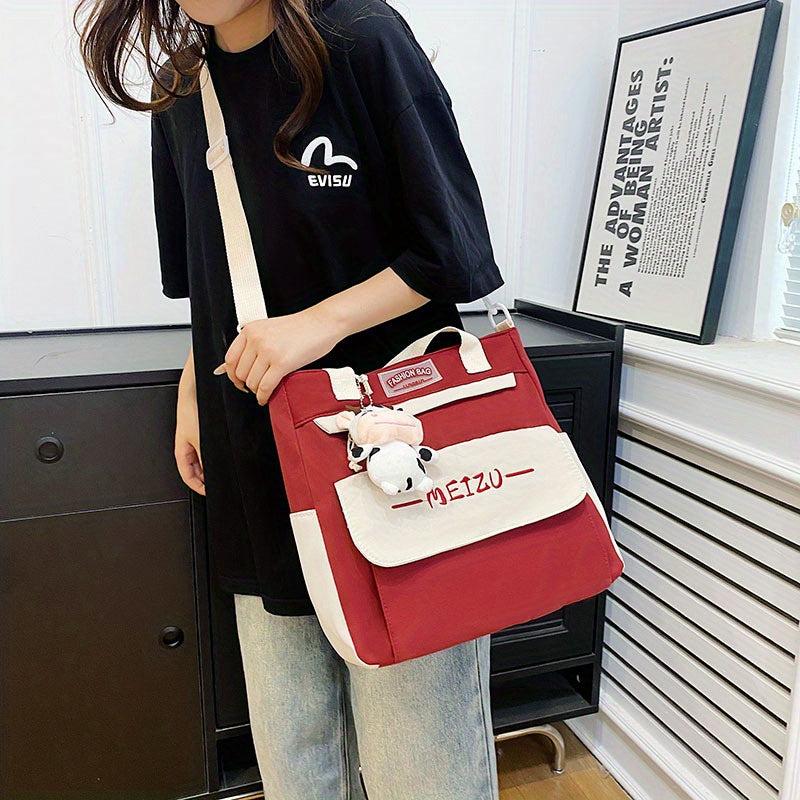 2pcs Schoolbag Crossbody Bag With Cow Pendant for Students