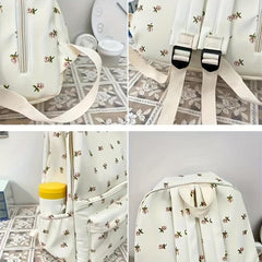 Beige Floral Pattern Backpack Schoolbag Preppy Sweet Girls Women
