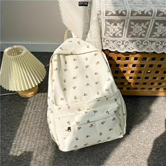 Beige Floral Pattern Backpack Schoolbag Preppy Sweet Girls Women