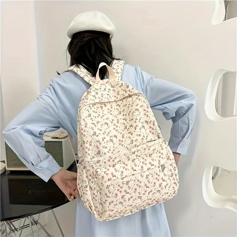 Beige Floral Pattern Backpack Schoolbag Preppy Sweet Girls Women
