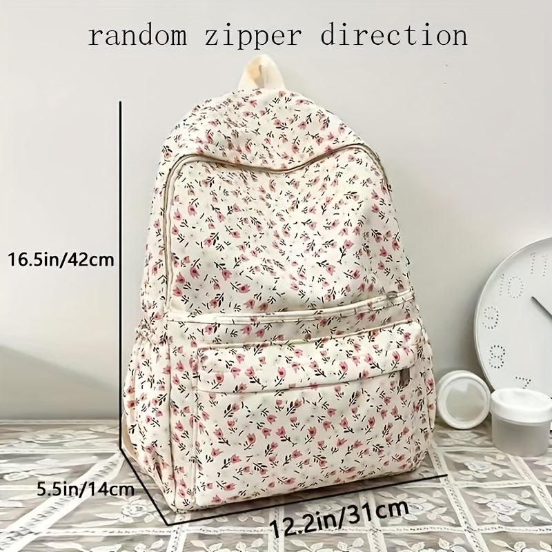 Beige Floral Pattern Backpack Schoolbag Preppy Sweet Girls Women