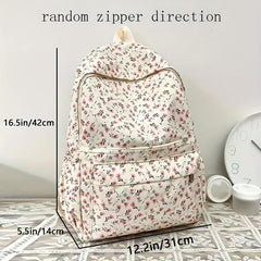 Beige Floral Pattern Backpack Schoolbag Preppy Sweet Girls Women