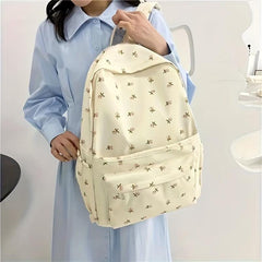 Beige Floral Pattern Backpack Schoolbag Preppy Sweet Girls Women