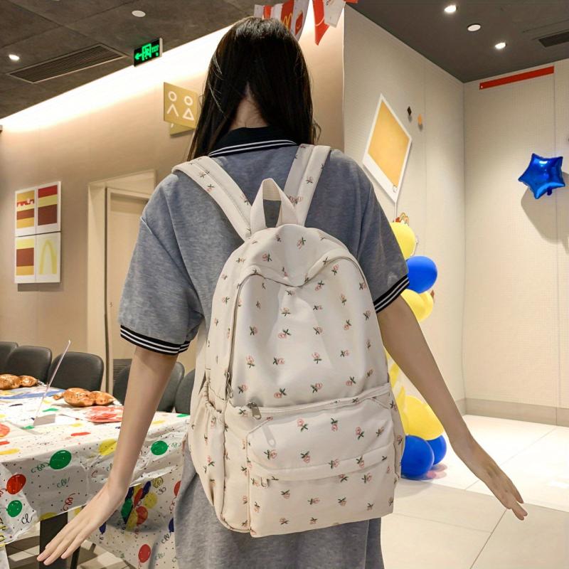 Beige Floral Pattern Backpack Schoolbag Preppy Sweet Girls Women
