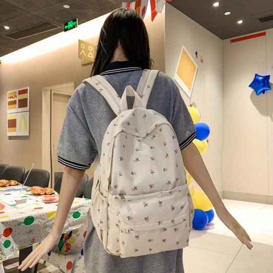 Beige Floral Pattern Backpack Schoolbag Preppy Sweet Girls Women