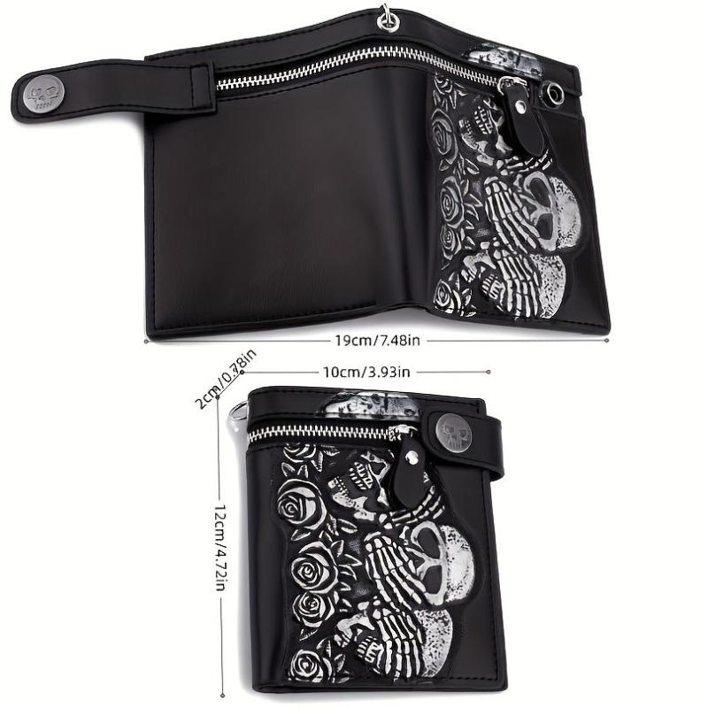 Punk Rocker Skull Leather Card Holder Zipper Wallet with Chain