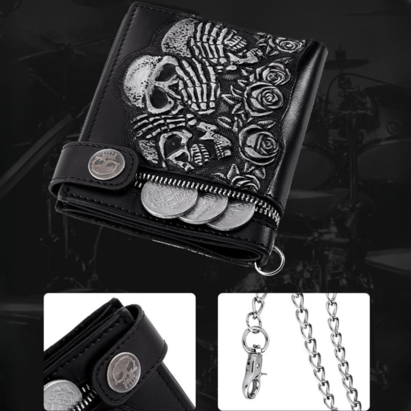 Punk Rocker Skull Leather Card Holder Zipper Wallet with Chain