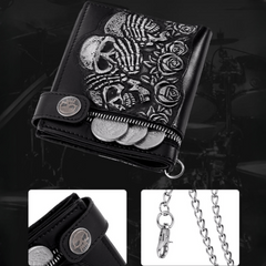 Punk Rocker Skull Leather Card Holder Zipper Wallet with Chain