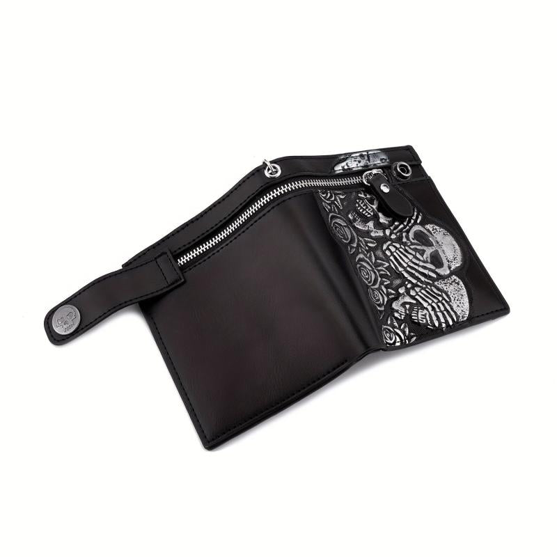 Punk Rocker Skull Leather Card Holder Zipper Wallet with Chain