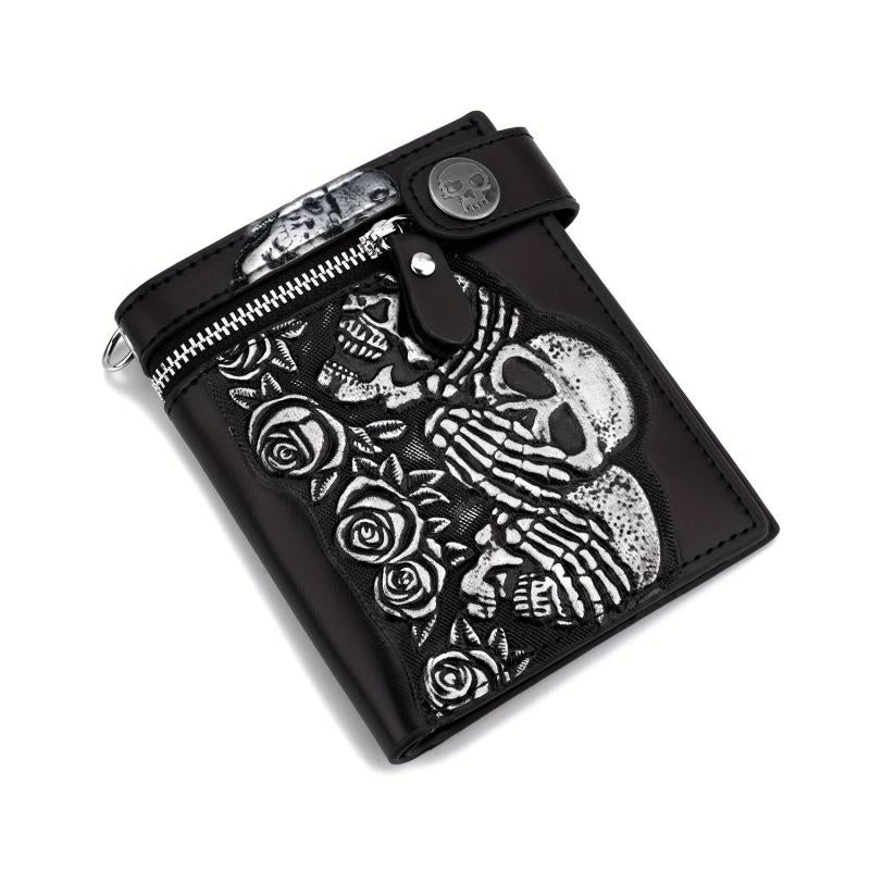 Punk Rocker Skull Leather Card Holder Zipper Wallet with Chain