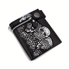 Punk Rocker Skull Leather Card Holder Zipper Wallet with Chain