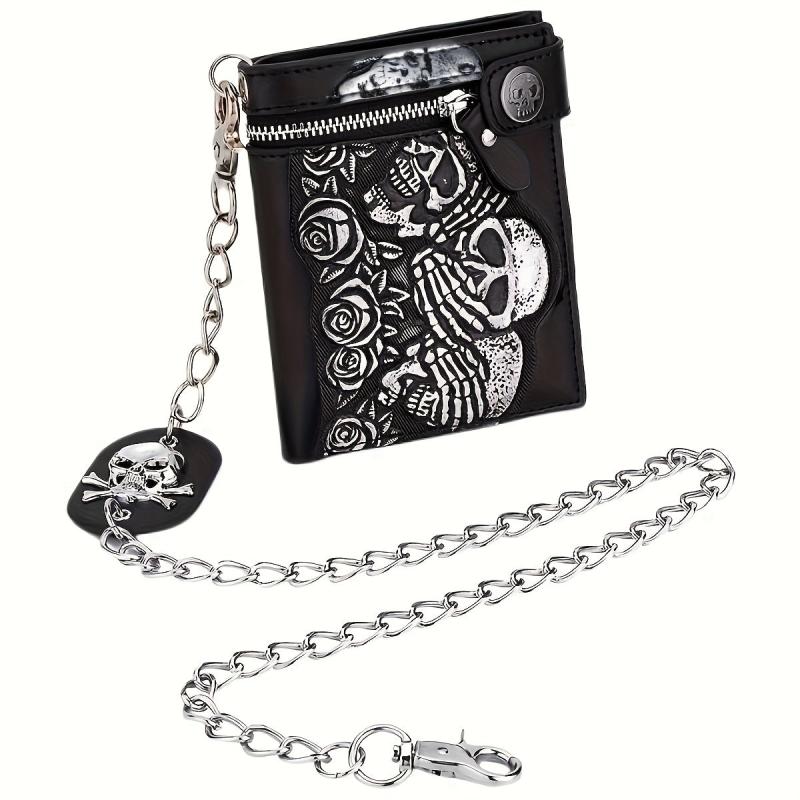 Punk Rocker Skull Leather Card Holder Zipper Wallet with Chain