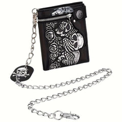 Punk Rocker Skull Leather Card Holder Zipper Wallet with Chain