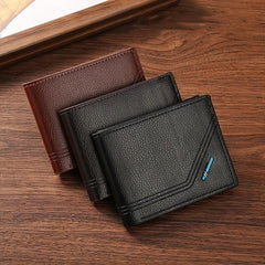 Men's Leather Short Wallet Litchi Pattern Multiple Card Slots Coin Purse