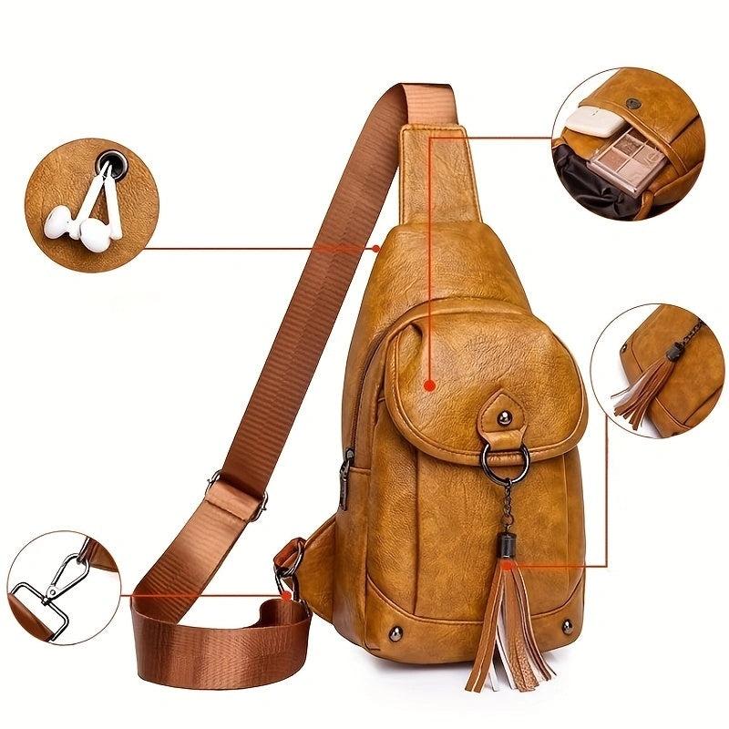 Retro Solid Sling Bag Fancy Chest Bag With Tassel Decor
