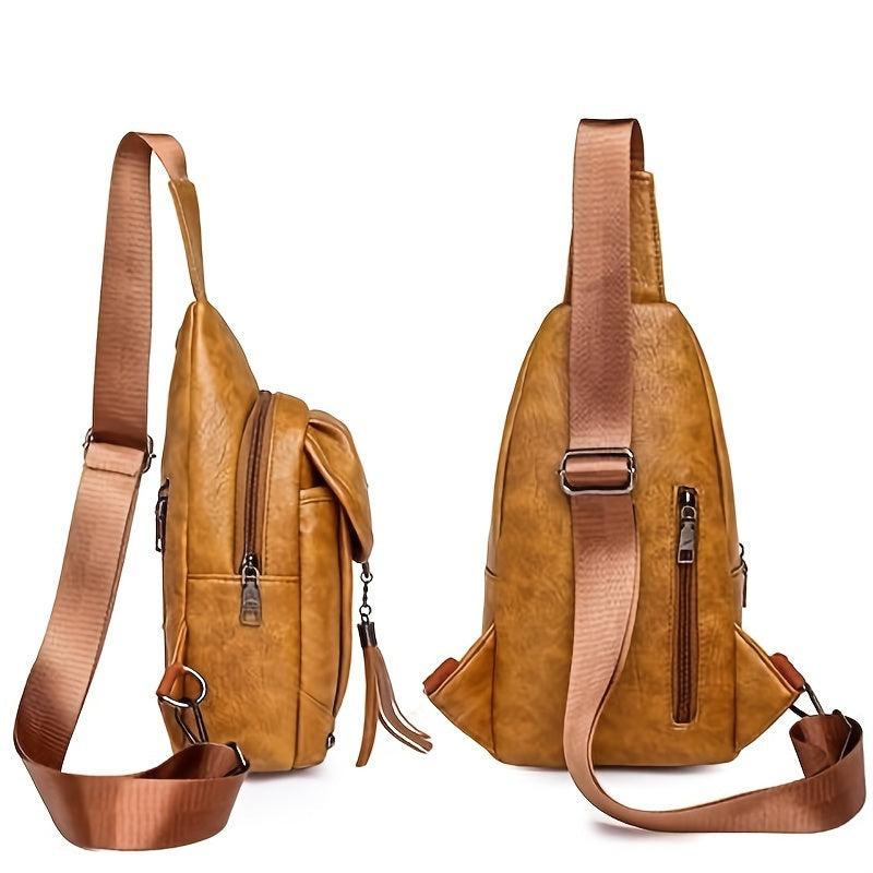 Retro Solid Sling Bag Fancy Chest Bag With Tassel Decor