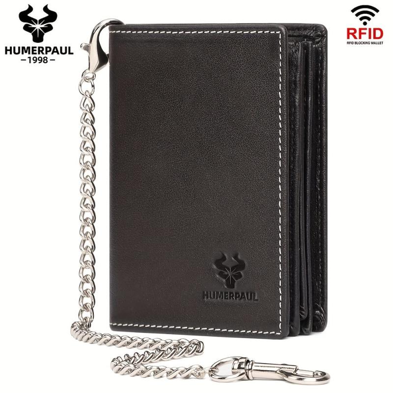 Vintage Short Wallets Men Leather RFID Blocking Wallet Chain Credit Card Holder