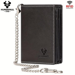 Vintage Short Wallets Men Leather RFID Blocking Wallet Chain Credit Card Holder