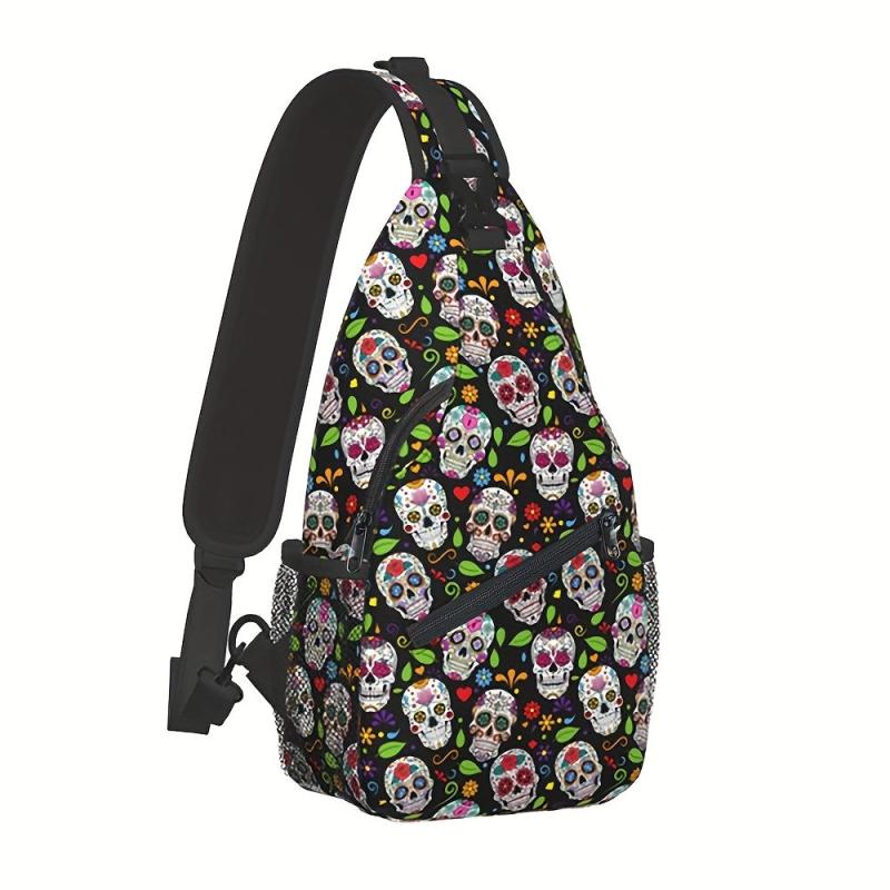 Gothic Skull Chest Bag Cartoon Print Sling Bag for Halloween