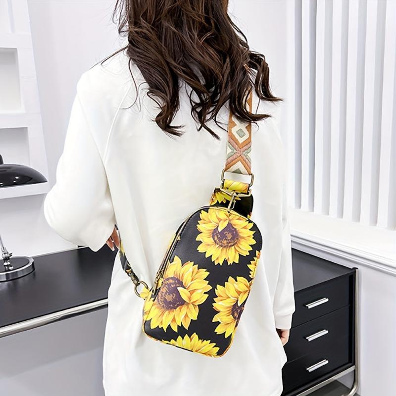 Vintage Cow Sunflower Chest Bag Retro PU Crossbody Bag Women's Casual Sling Bag